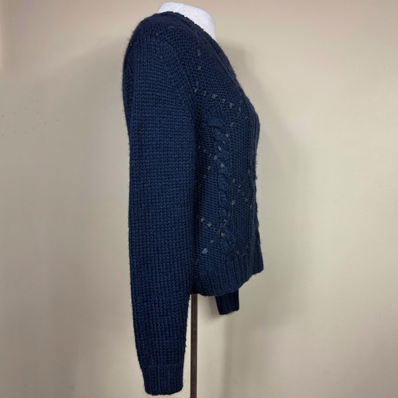 Parker Betsey Woven Leather Crewneck Cable Knit Sweater in Navy Blue Size Medium - Picture 3 of 9